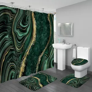 4PCS Emerald Green Marble Bathroom Set - Includes Shower Curtain, Bath Mat, Toilet Lid Cover & U-Shaped Rug, Dark Green Shower Curtain Set for Bathroom Decor