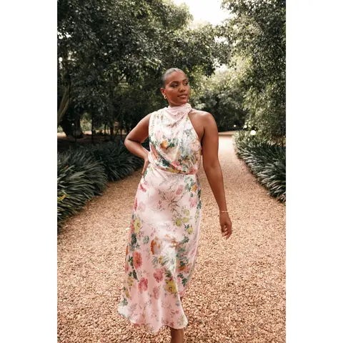 Anabelle Halter Neck Midi Dress - Pink Floral
