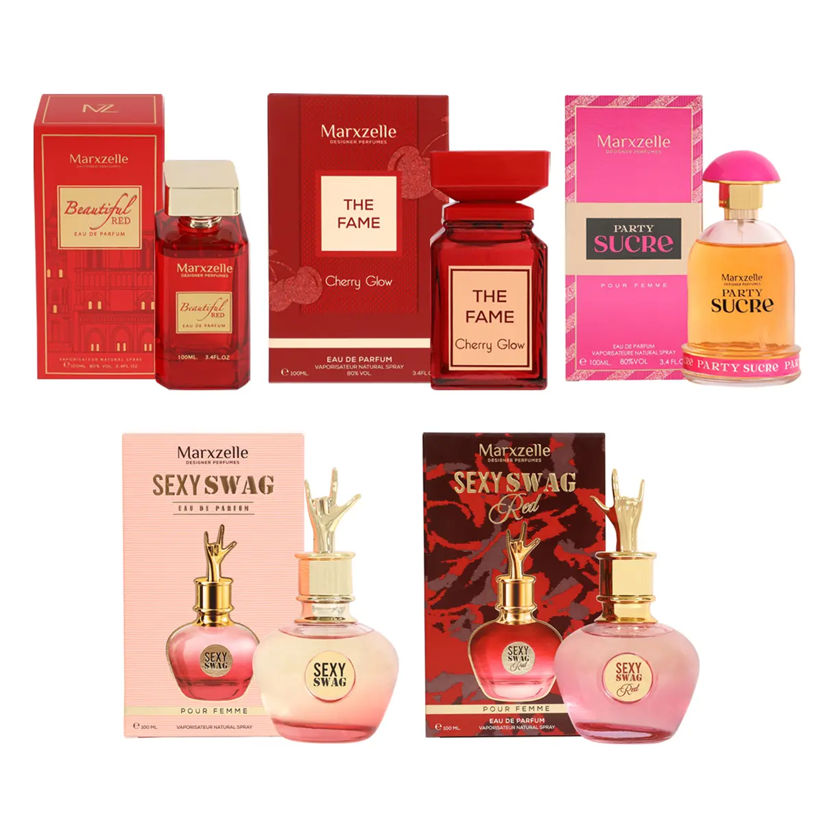 Marxzelle Women's Creator Package 6 - Beautiful Red(MZ5640), The Fame Cherry Glow(MZ1077), Sexy Swag(MZ2600), Sexy Swag Red(MZ2617), Party Sucre(MZ0957) Perfume for Women
