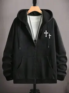 Men's Black Double Cross Graphic Long Sleeve Zip-Up Hoodie, Casual Fashionable Outerwear, Faith-Inspired Streetwear Pullover Religious Print Oversized Hooded Top for Daily Wear & Spiritual-Themed Fashion Gifts
