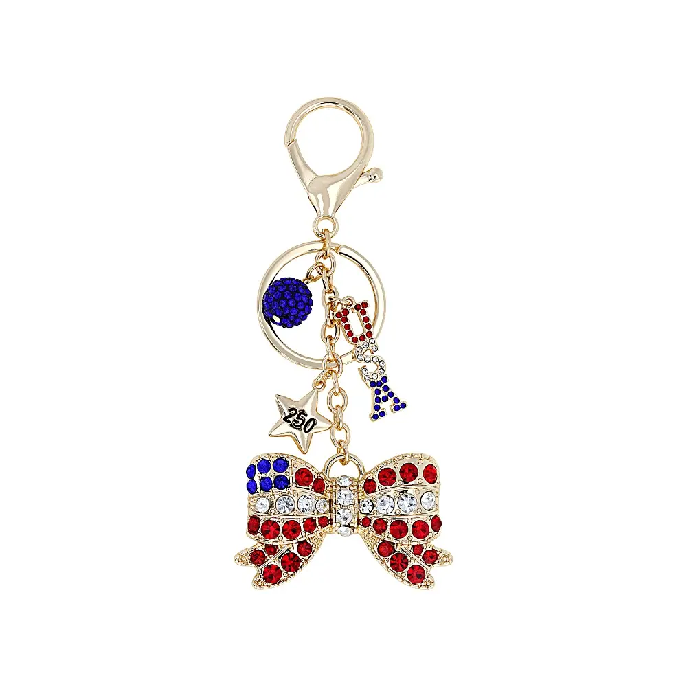 Unisex Gold-Tone Crystal Bow Keychain, Americana Style Red White Blue Patriotic Charm with Lobster Clasp, 4.5" x 2" for Patriotic Events