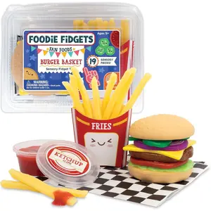 Foodie Fidget Fan Foods – Burger Basket Sensory Toy Set with 19 Tactile Pieces Including Slime, Stretchy Tomato, Squishy Buns & More – Calming Fidget Toy for Kids Ages 5+