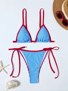 Two-Piece Set Women's Plaid Print Halter Bikini Set, Tie Back Bikinis, Casual Fashion Chic Tie Back Swim Top & Tie Side Swim Bottom Two-Piece Swimsuit for Beach Holiday Vacation, Ladies Swimwear for All Seasons