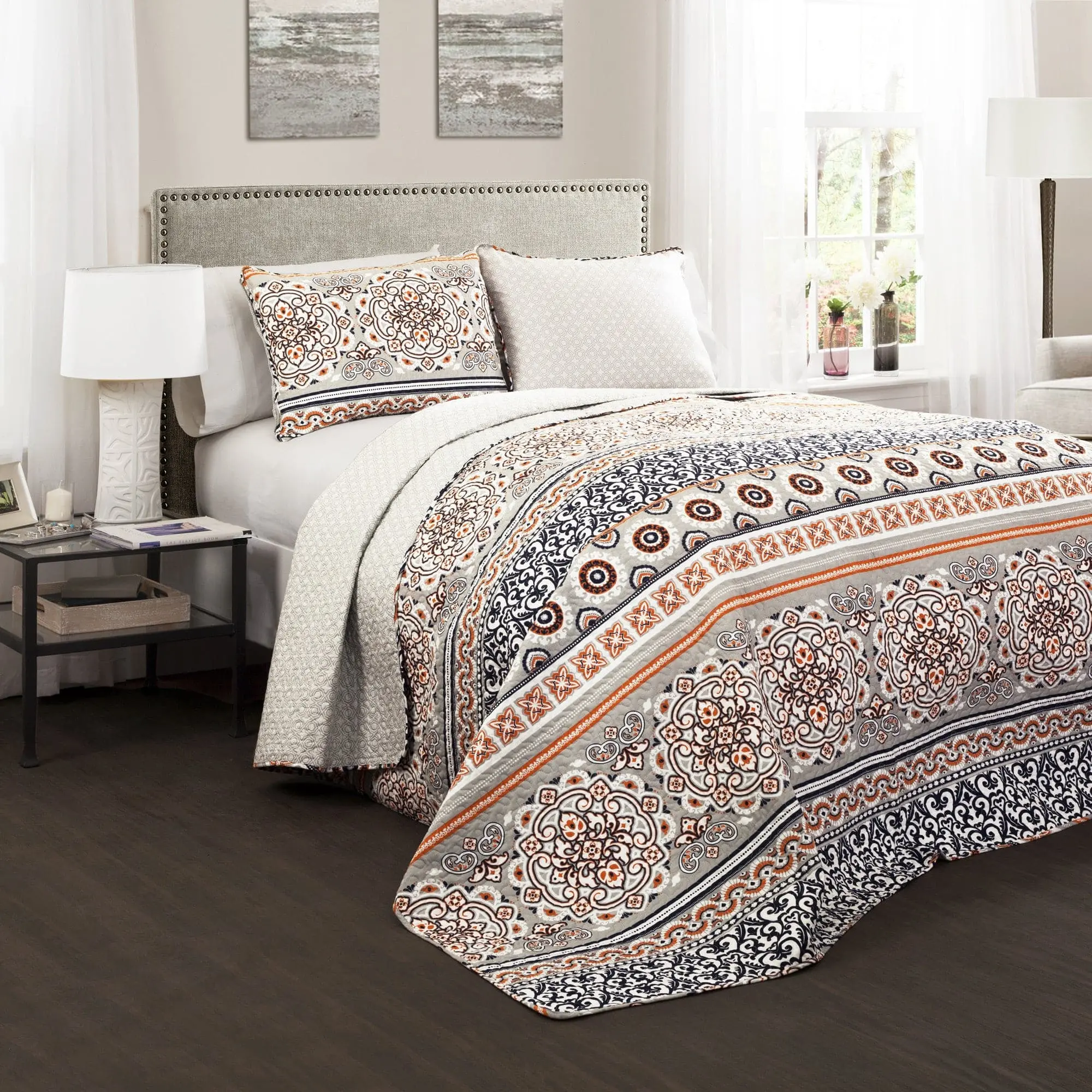 Lush Decor Nesco Stripe 3 Piece Quilt Set with Decorative Pillows and Coordinating Blanket in Elegant Design