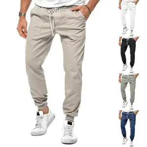 Men's High-Waist Straight Plus-Size Cargo Trousers - Polyester Thin Stretch Fabric, Drawstring Woven Casual Sports Bottoms with Tie