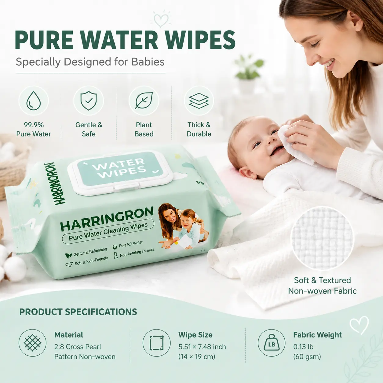 HARRINGRON Pure Water Baby Wipes 800 Count, Gentle Newborn Wipes for Sensitive Skin, Unscented Hypoallergenic Infant Cleaning Wipes, Thick Durable Diaper Changing Wipes with Flip Top Lid for Home and Travel