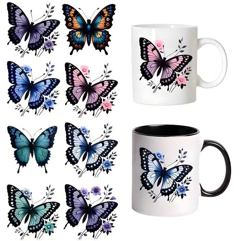 8pcs/Set of Butterfly Floral Cuttable Transfer Stickers, UV DTF Transfer Stickers, Golden Foil Stickers, And Scratch-Resistant Stickers, Glass Cup Sticker Pack, Suitable for Glass Cups, Decorative Cups, Mugs, Bottles, Etc., Crafts
