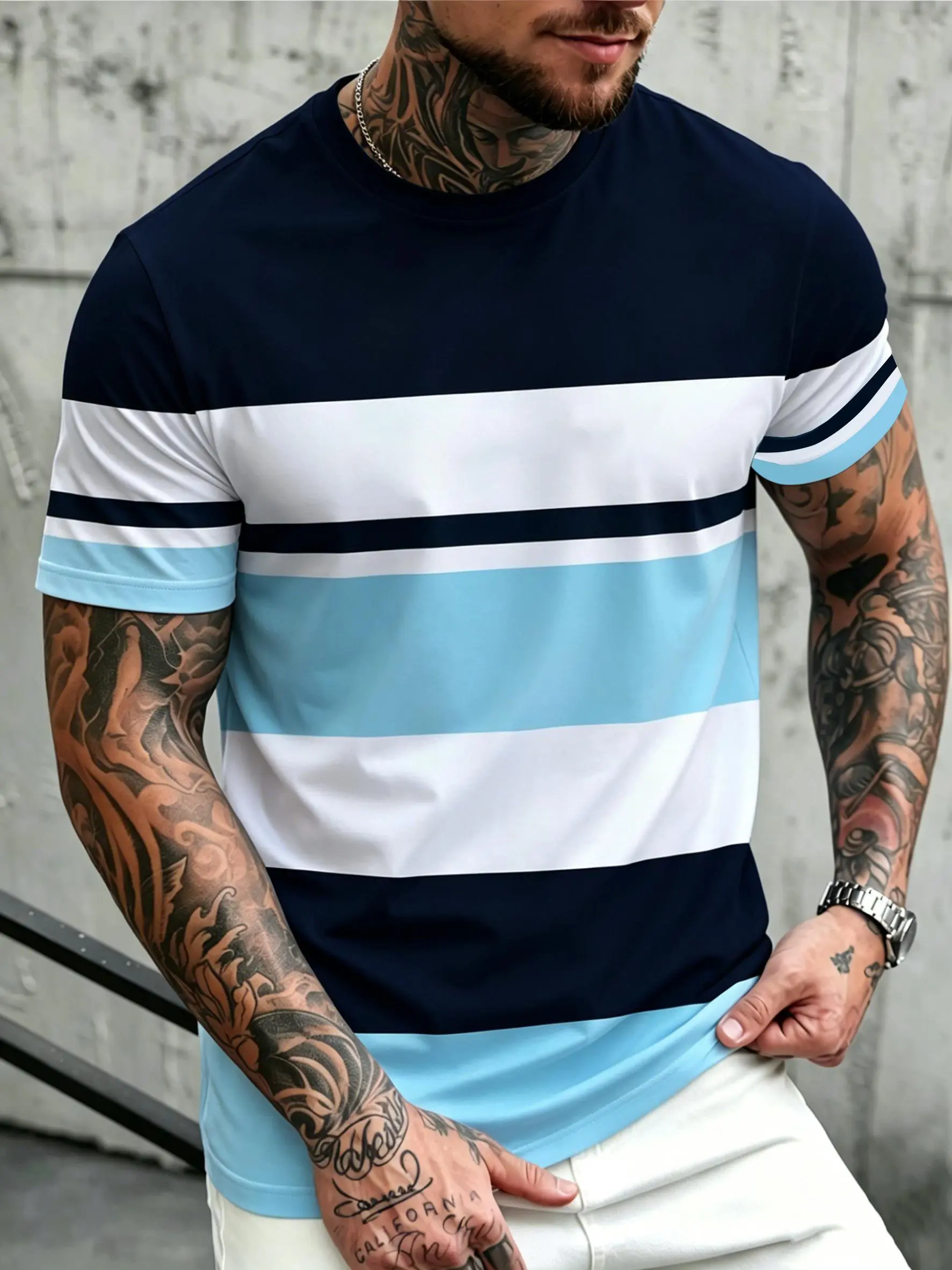 Men's Fashionable Striped T-Shirt - 100% Polyester Round Neck Shortsleeve Menswear, Breathable Knit Fabric Top with 3D Digital Printing, Casual Fit for Summer Weekend Wear, Tshirt, Fitted Cut, Stripe Print, Smooth