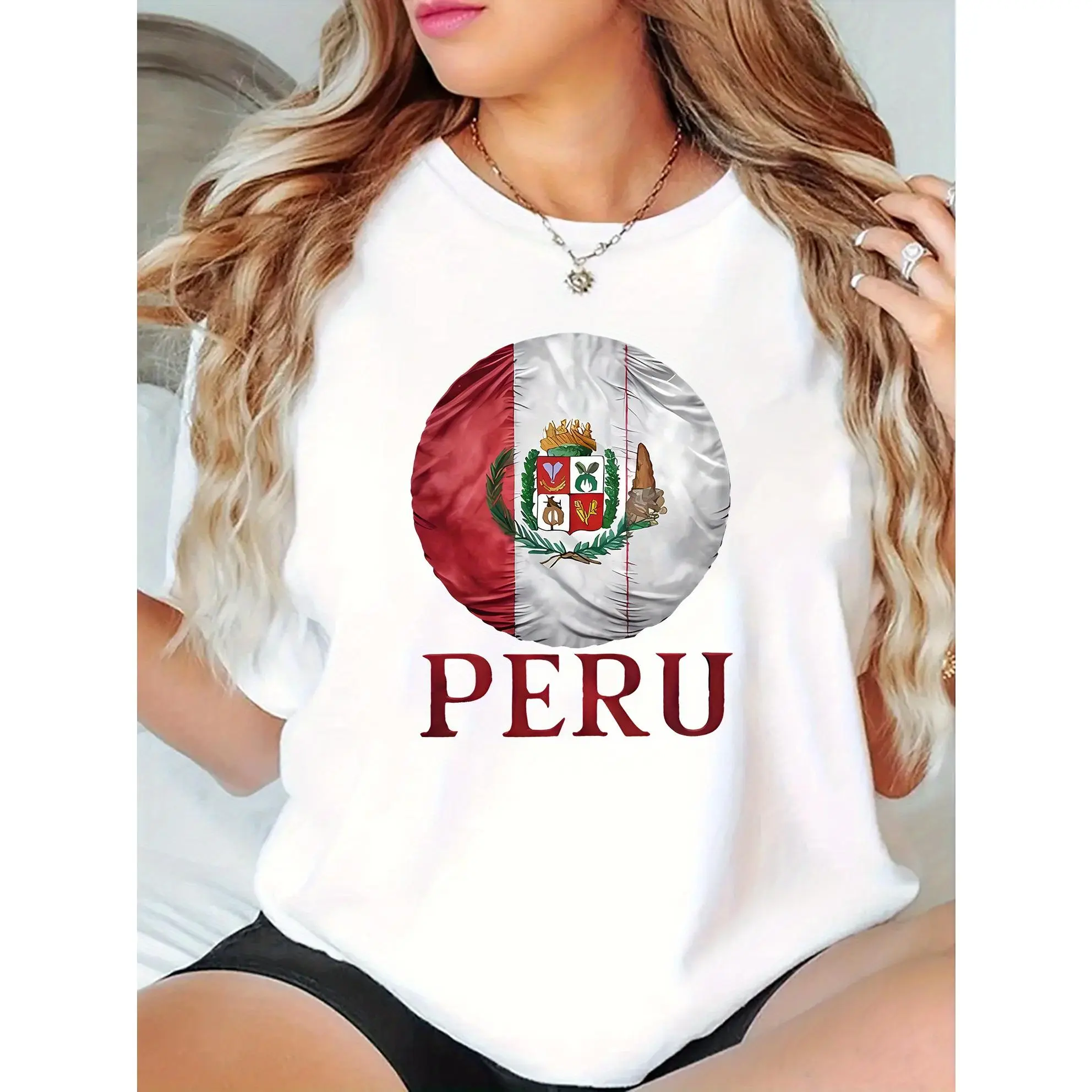 Peru Flag Print T-Shirt for Women - Casual Style, Medium Stretch Knit Fabric, Round Neck, Short Sleeve, Comfortable Summer Top