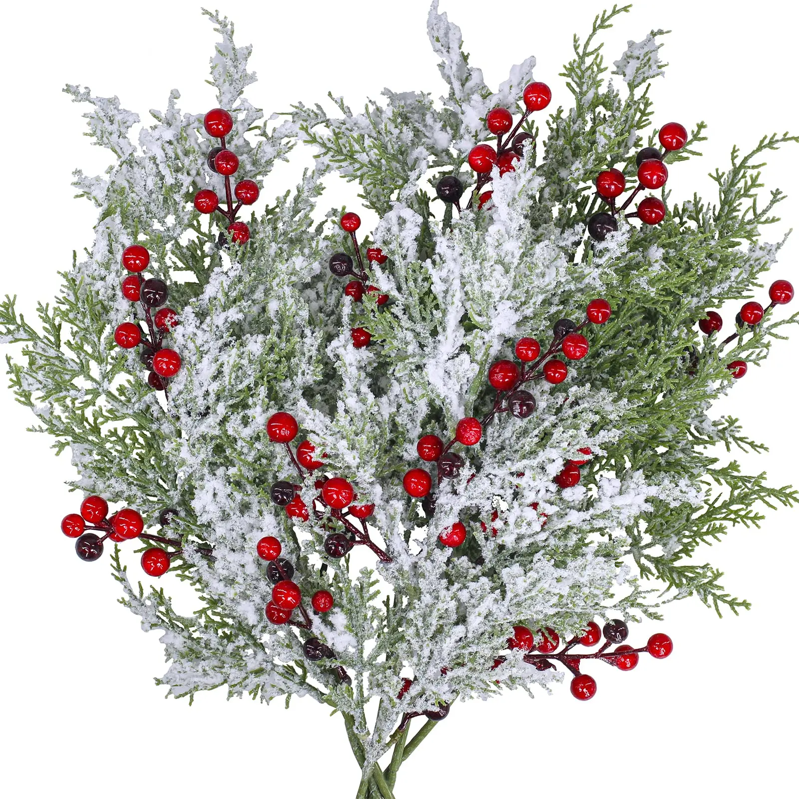 6-Piece Artificial Snowy Pine Branches with Berries, Icy Frost Effect Spray, Perfect for Christmas Tree, Wreaths, Floral Decorations, Christmas Ornaments