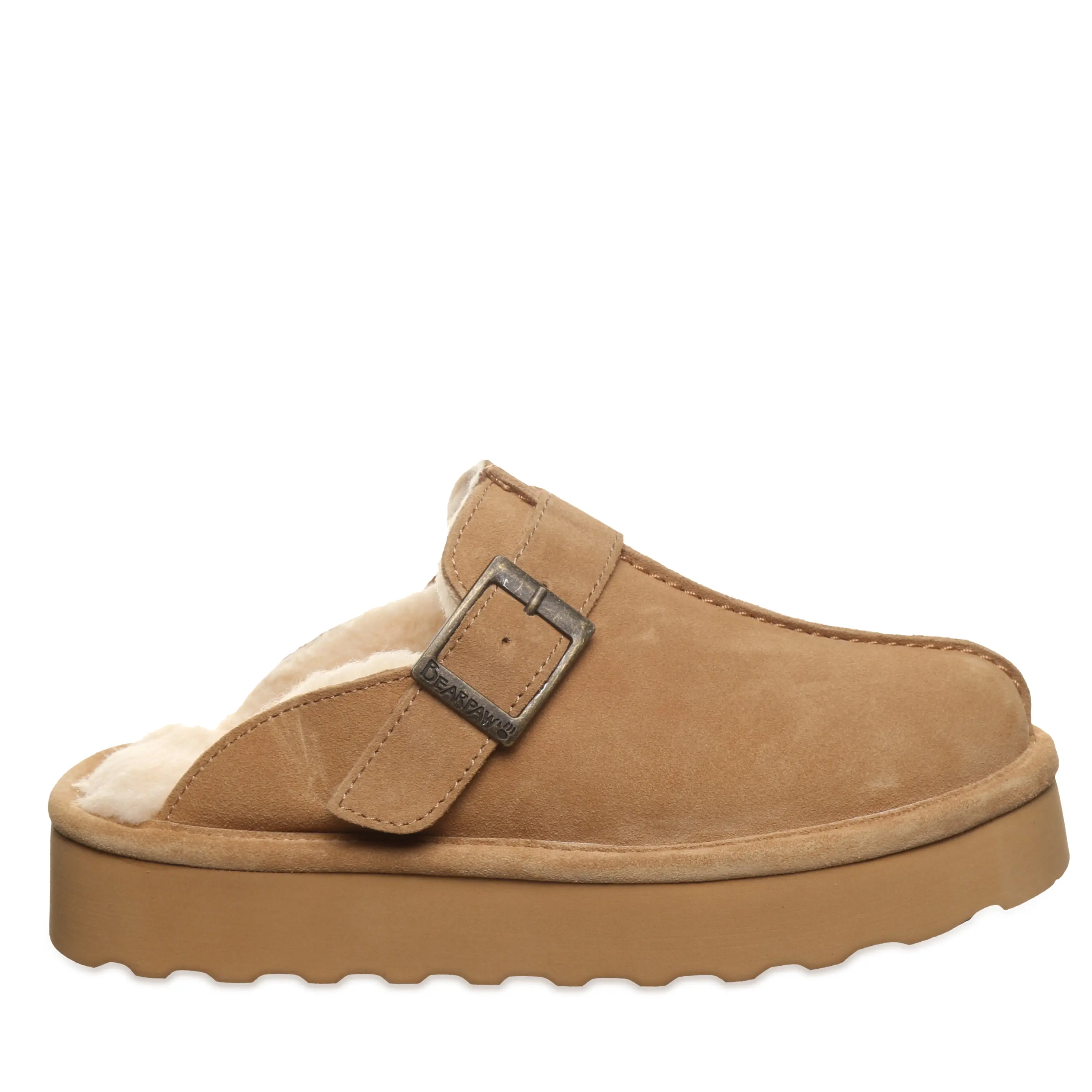 BEARPAW Moxie Platform Lo Women's Platform Suede Buckle Clog - Iced Coffee Solid