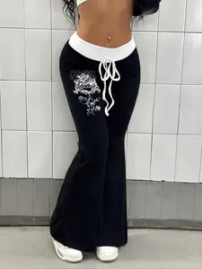 Women's Knitted Colorblock Print Slim Fit Flare Pants Set, Fashion Casual Punk Style Long Trousers, 2 Piece for Spring & Fall