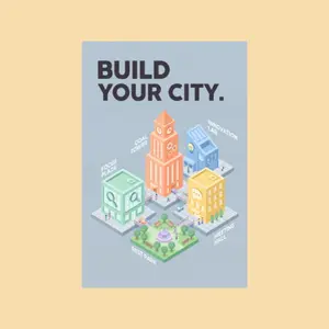 Isometric Build Your City Productivity Poster, Mint Pastel Blue Artistic Pillar Wall Art Print, A3 220 GSM Premium Hard Paper, Home Office Decor, Gift for Entrepreneurs