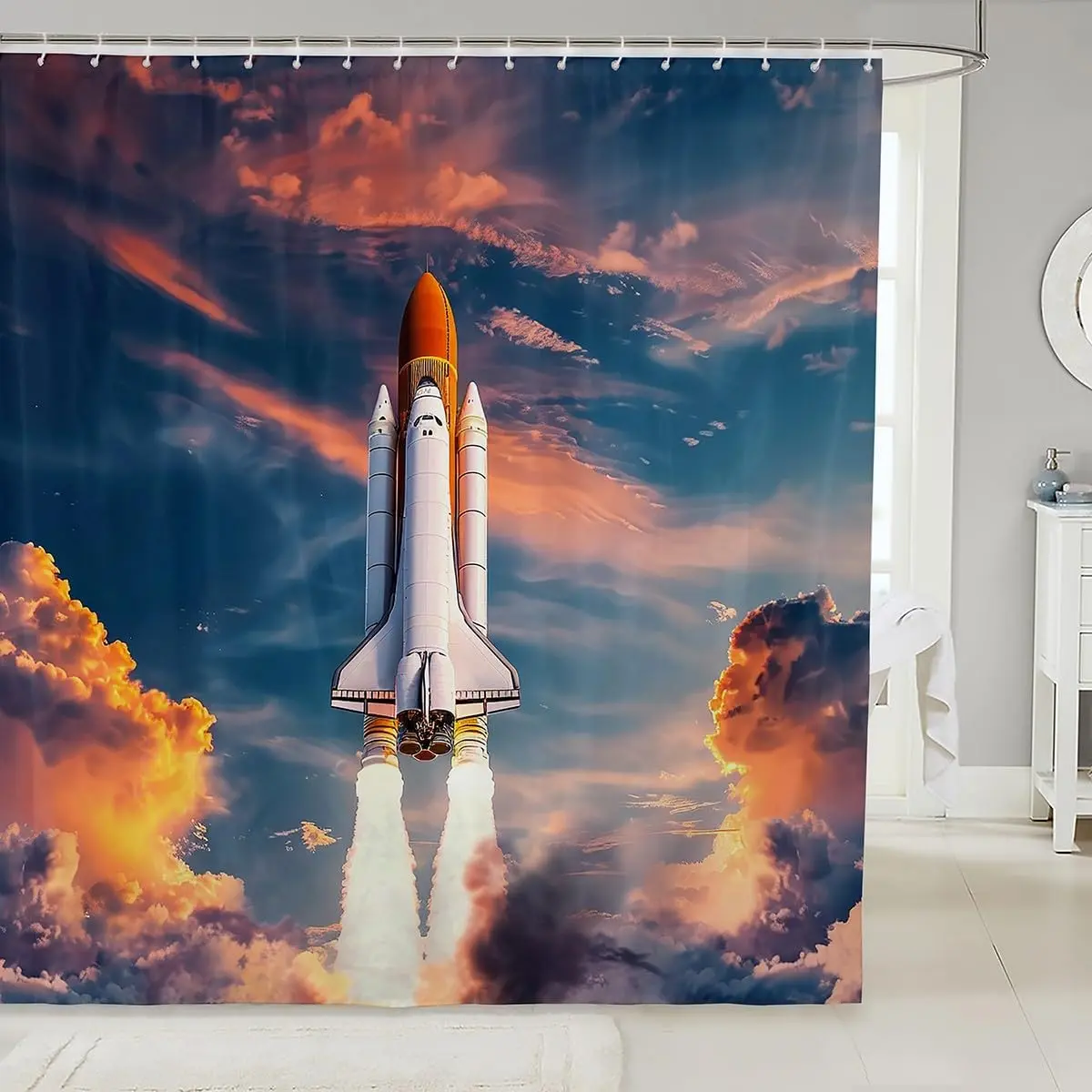 Feelyou 72" W x 72" L Polyester Waterproof Space Rocket Shower Curtain - Lightweight, Fun Science Theme Curtains, Washable Household Textile Bathroom Accessory with C-Hooks for Dorm Room, Apartment, Waterproof Shower Curtain
