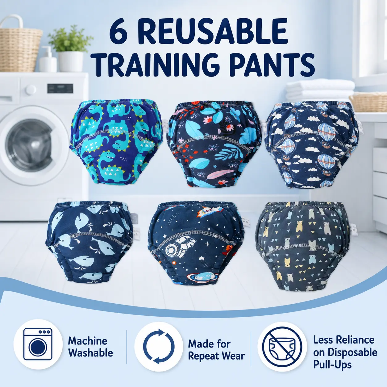 Boys' Washable Reusable Training Pants (6pcs) - Soft, Breathable Knit Fabric, Absorbent Diaper Covers for Toddler Potty Training
