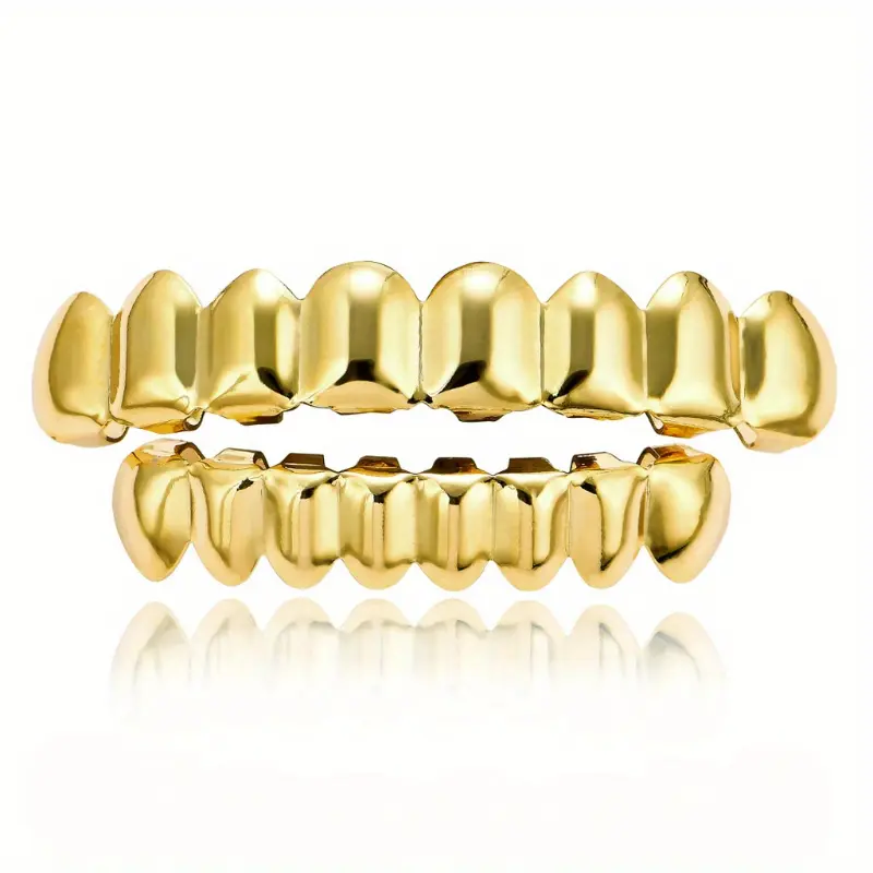 Men's Oral Hip Hop Grillzs, Golden Braces - 8 Upper Teeth, 8 Lower Teeth Fashion Costume Jewelry Charm