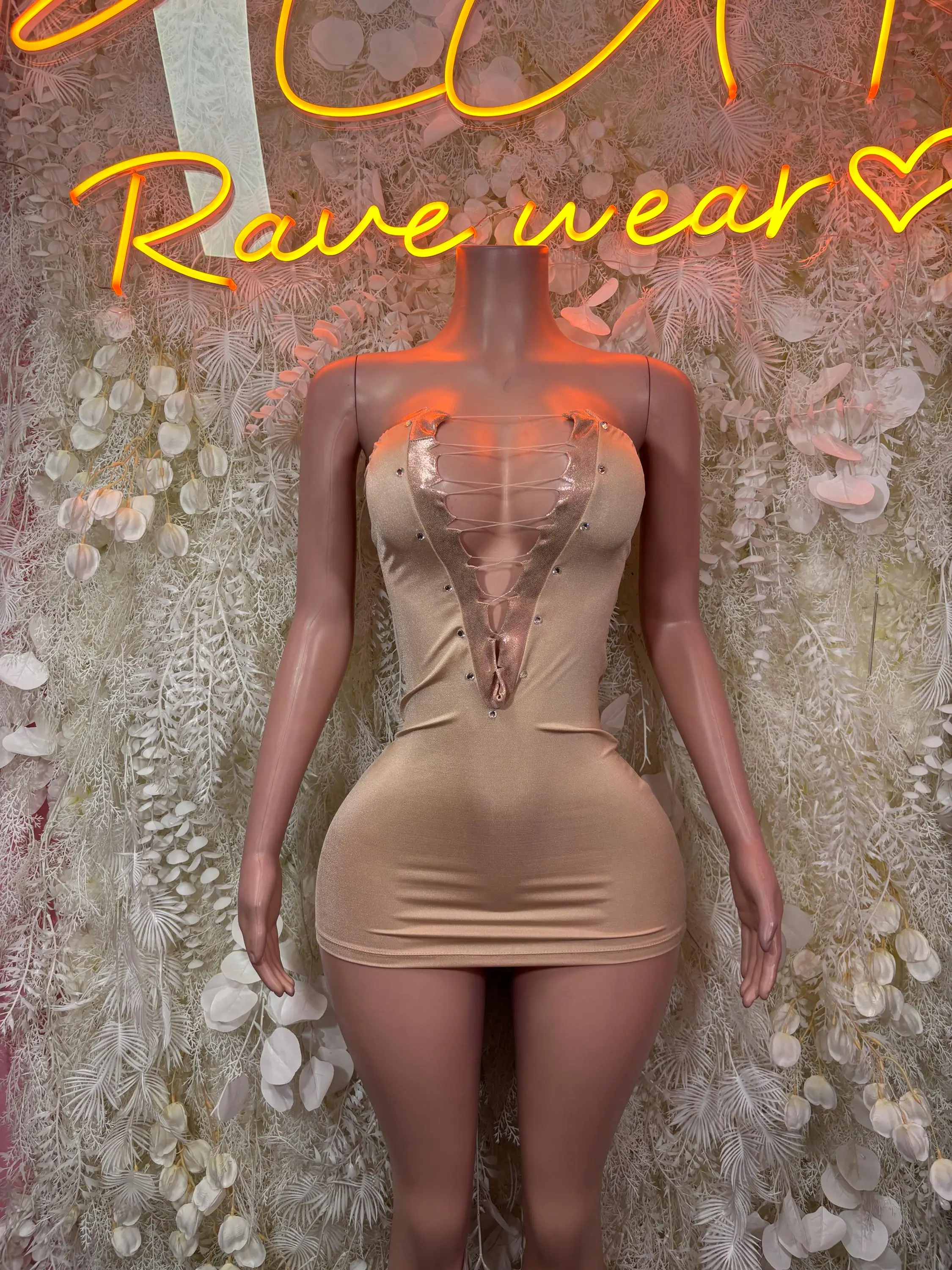Nude Metallic Strapless Mini Dress Lace Up Front Rhinestone Bodycon Rave Festival Clubwear Exotic Dance