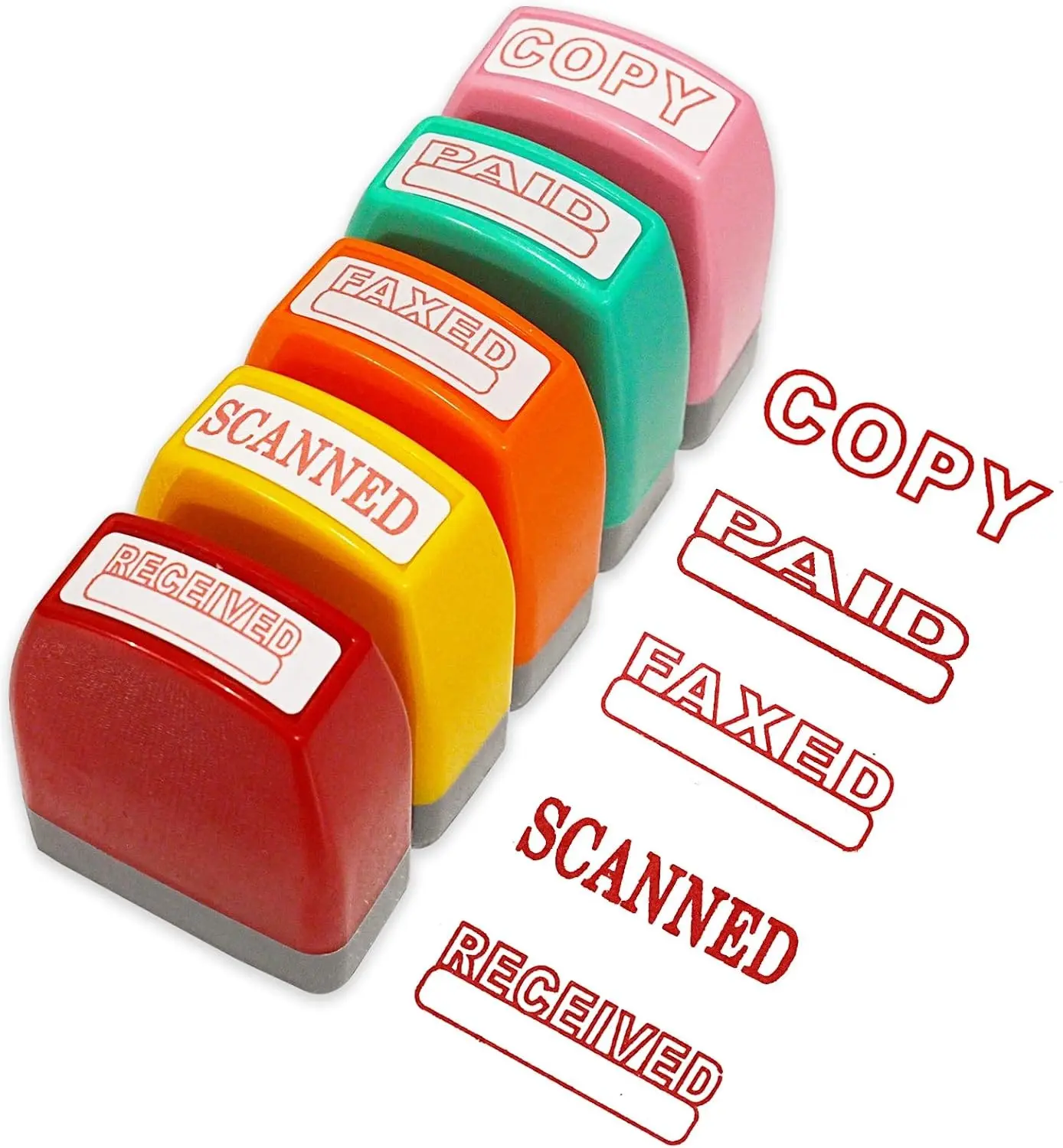 WAFJAMF 5 Pack Office Stamps Set Self Inking Business Stamp Kit | Red ink rubber paper work text stampers in storage tray for document reply, accounting staff supplies.