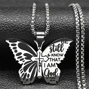 Butterfly Cross Bible Verse Necklace, Inspirational Scripture Clavicle Chain, Stainless Steel Trendy Cuban Chain for Men and Women