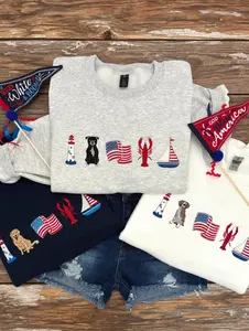 Embroidered Nautical Summer Sweatshirt, Custom Dog Icons, Sailing Hoodie, Coastal Vibes Lobster Crewneck, Beach Aesthetic, USA Sweatshirt