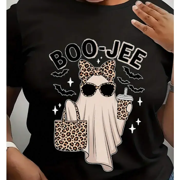 Menswear Short-Sleeve Round Neck 100% Cotton Crewneck T-Shirt - Unisex Black Fall Fitness Tee with Boo-Jee Leopard Ghost, Sunglasses Coffee Bag Bat Print