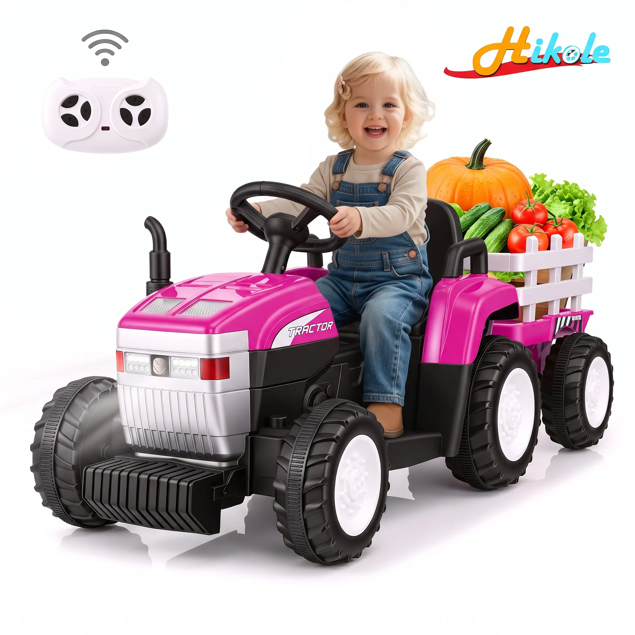 #backtoschool Hikole 24V Kids Electric Ride On Tractor Toy with 200W Motors, Rechargeable Battery, Dual Modes, Tilting Detachable Trailer, Adjustable Seat, Bluetooth, Music, Remote Control, Cool Gifts for 3-8 Year Olds wireless,   , C