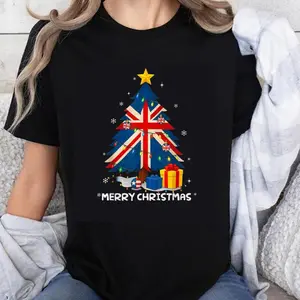 Women's 100% Cotton Round Neck Shortsleeve Tee - Casual Fabric Garment, Comfortable Beach Outdoor Top with Unisex British Flag Tree Lights Christmas Design