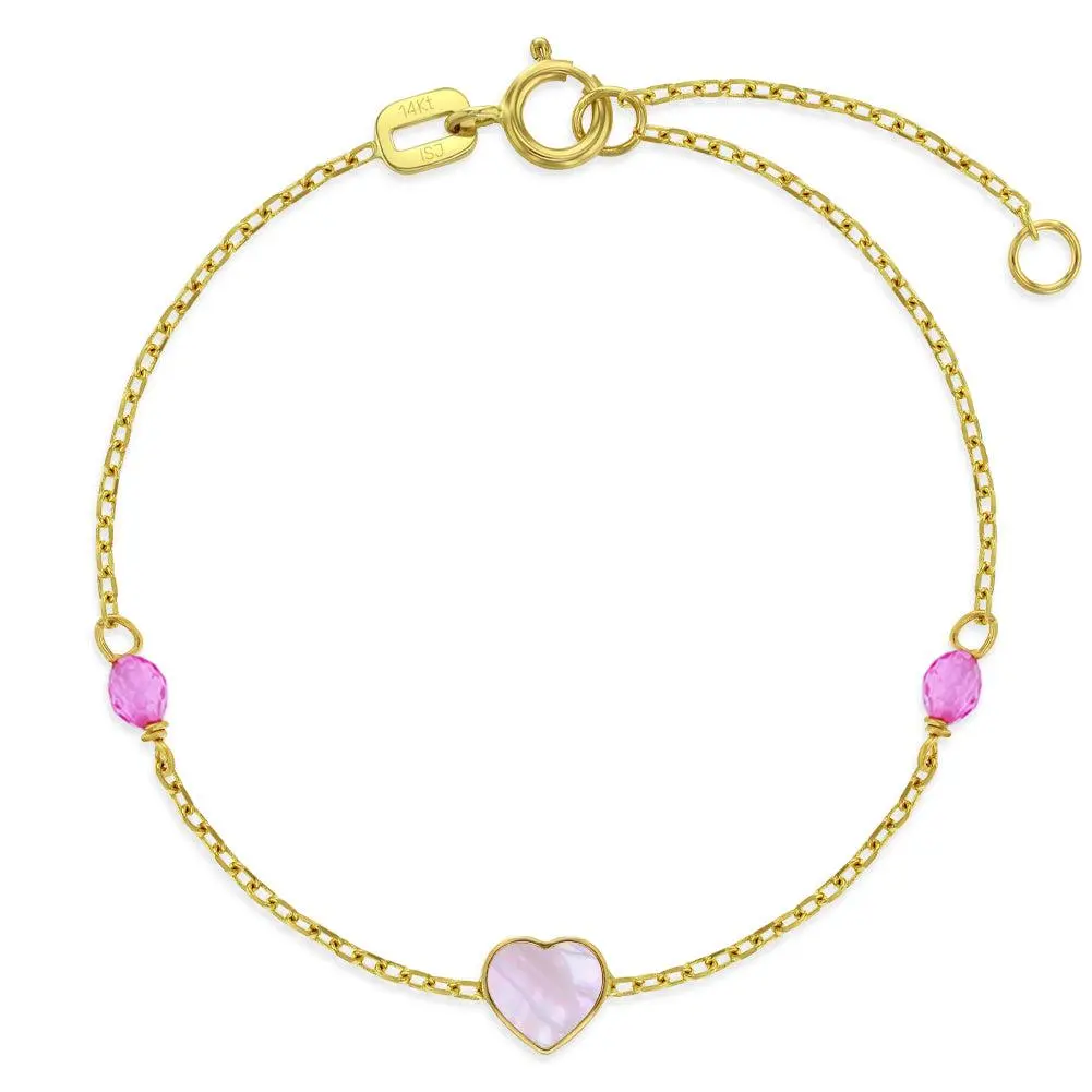 14k Gold 5.5" Mother of Pearl Hearts Baby / Toddler / Kids Bracelet