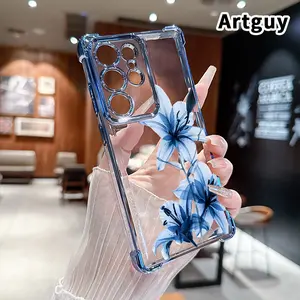 Blue Lily Grace Pattern Phone Case Compatible with Samsung Galaxy S23 Ultra S24 Plus S25 S22+ FE Edge Four Corners Air Cushion Anti-drop Silicone Shockproof Cellphone Cover