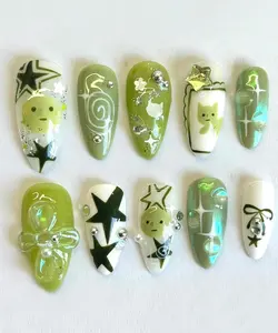 Kawaii Smiski Press On Nails, Fun and Playful Acrylic Nails, Smiski Star Nail Art, Adorable Fake Nails, Gift For Her, Green nails, Press ons