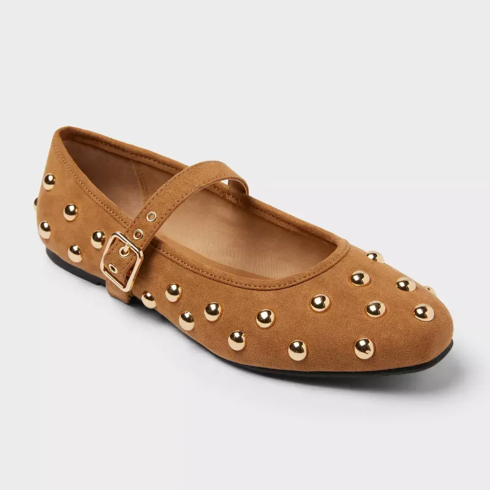 Women's Gold Studded Synthetic Mary Jane Flats - Memory Foam Insole, Buckle Closure, Comfortable Women's Shoe & Footwear (Universal Fit)