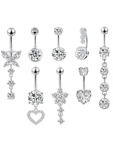 Women's Cute Butterfly & Heart Design Belly Rings, 8 Counts/set Fashion Belly Piercing Jewelry for Party, Daily Decor, Trendy All-match & Exquisite Cubic Zirconia Body Jewelry for Birthday Gift Body Piercings Set