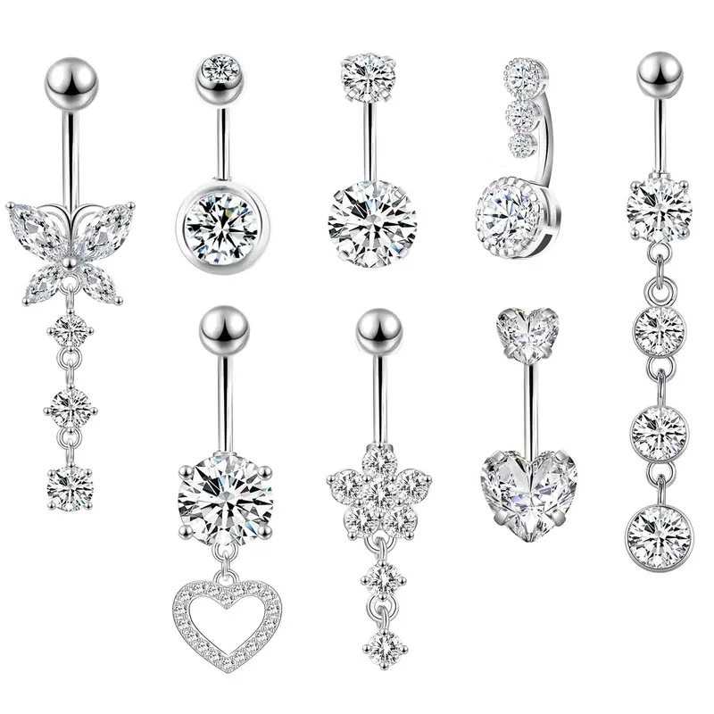 Women's Cute Butterfly & Heart Design Belly Rings, Body Jewellery, 8 Counts/set Body Jewelry Belly Piercing Jewelry for Party, Daily Decor, Cubic Zirconia Body Jewelry for Birthday Gift Body Piercings Set