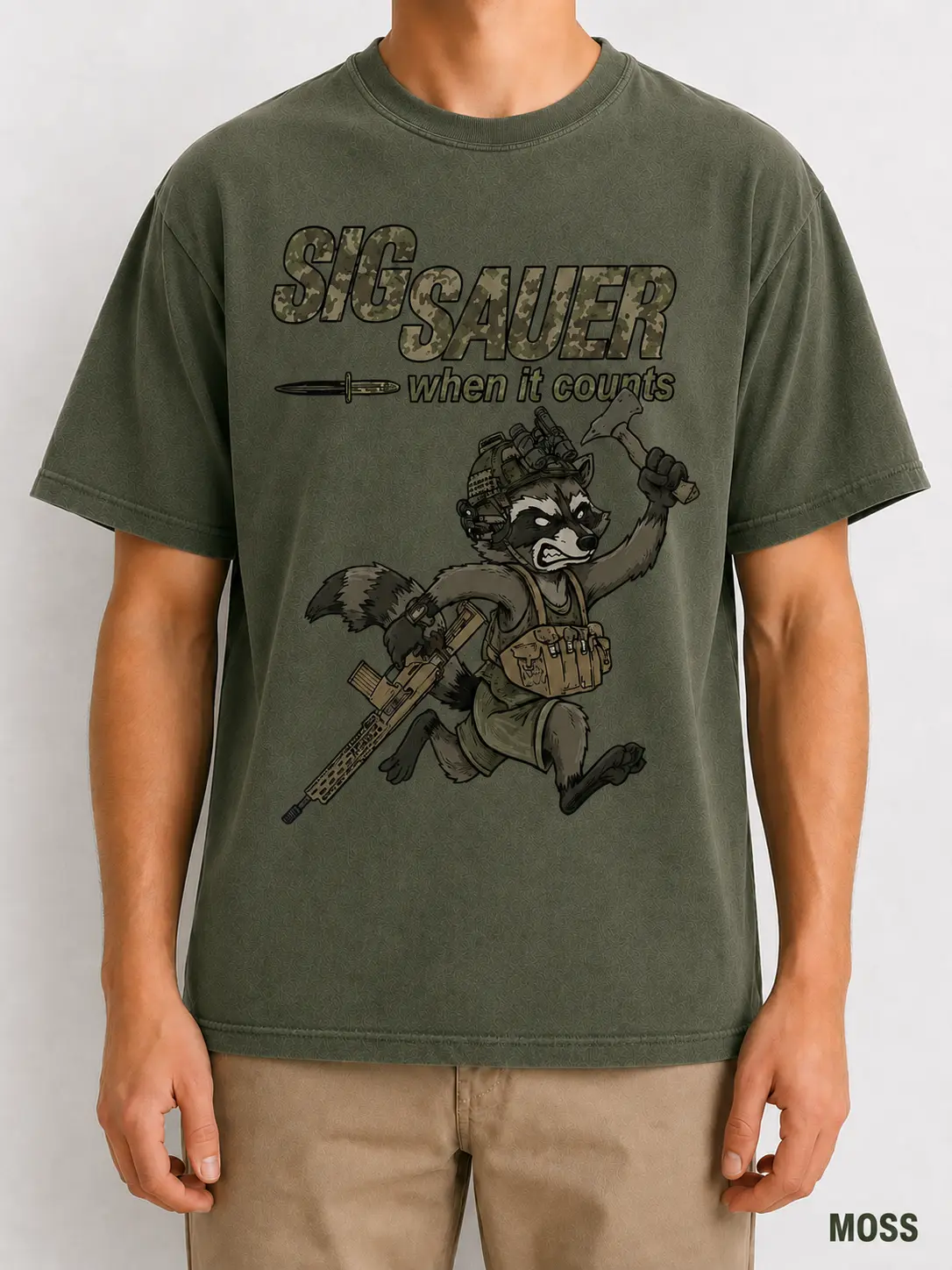 Comfort Colors Sig Sauer Tactical Raccoon T-Shirt, Funny Military Raccoon Graphic Tee for Gun Enthusiasts, Hunters, Outdoor Lovers and Tactical Gear Fans