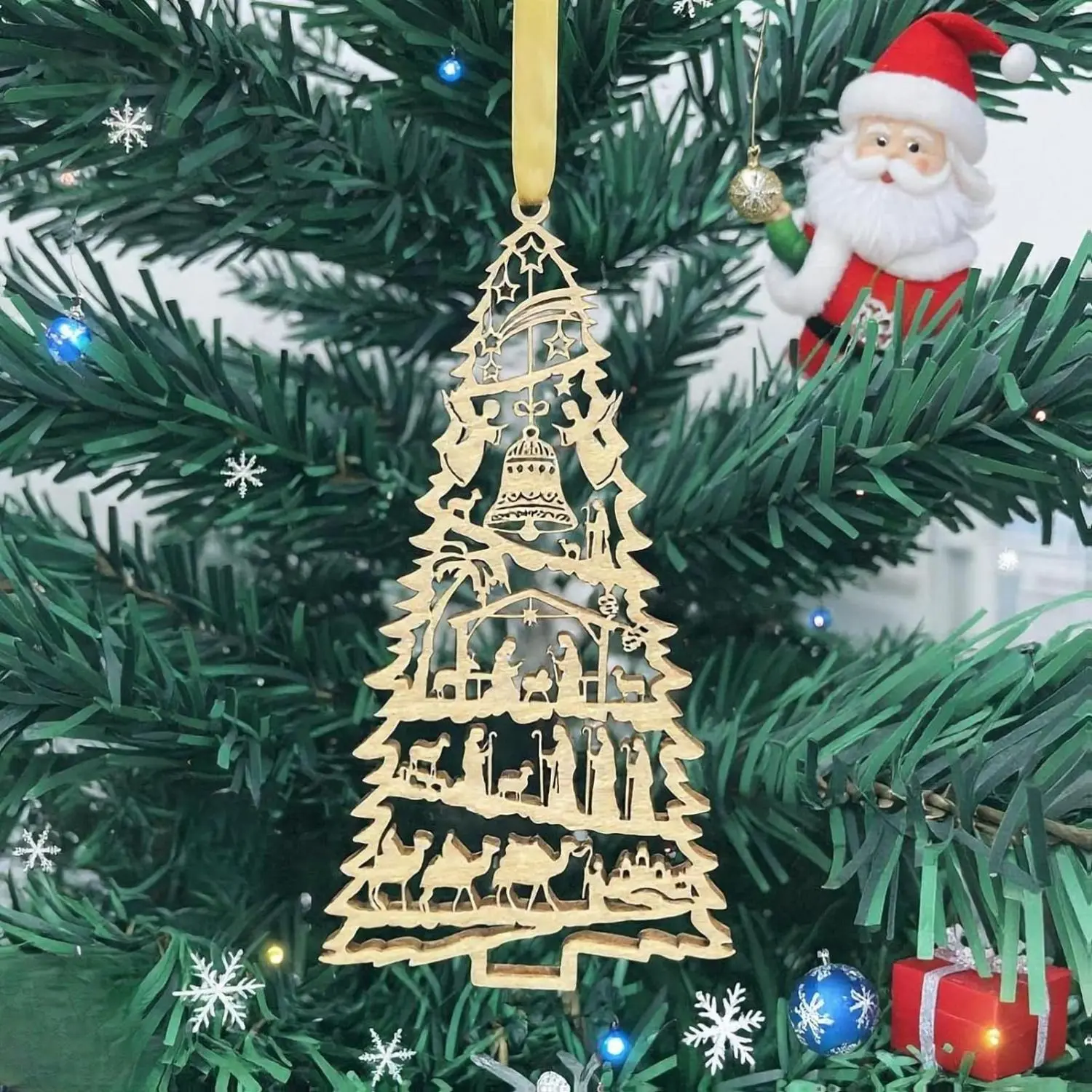 6pcs Wooden Nativity Christmas Ornaments, Hanging Decorations for Christmas Tree & Home, Laser Cut Wooden Crafts with Bethlehem Star, Angels, Wise Men, and Jesus Birth Scene