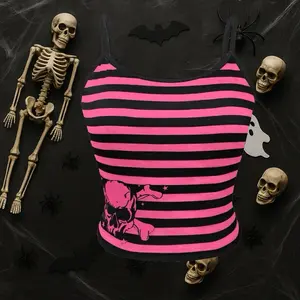 Skull Striped Crop Top Tank - Pink and Black Stripes with Unique Skull Design for Stylish Wear