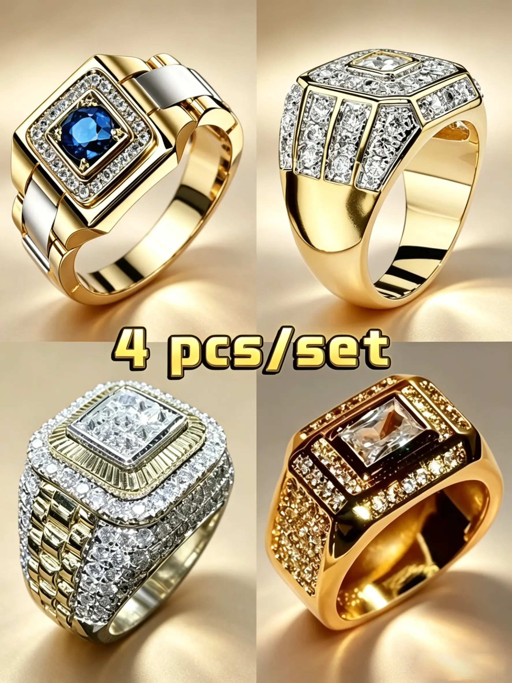 4PCS Men's Business Style Gold Tone Ring Set, Jewelry Rings, 18K Gold Tone Plated with Imitation Sapphire & Cubic Zirconia, Bold Heavy Craft, Hypoallergenic & Fade Resistant, Versatile for Business & Casual Wear, Ideal Gift for Boyfriend & Father