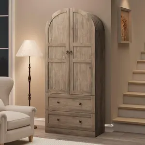 72" Tall Dome Bookcase with Drawers, 4-Tier Wooden Bookshelf Storage Cabinet with Door, Farmhouse Arched Cabinet with Storage, Wood Arch Bookcase for Home Office, Living Room, Gray