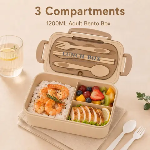 MIUVA ABS Microwave Reusable Adult Lunch Box, 1220ml Leakproof 3-Compartment Tableware Container with 4-Latch Easy Open, Utensils Compartment, Cleaning Accessories, Compact 8.66in Fits Bags (8.66*5.51*2.75 in, Valentine’s Day Gift)