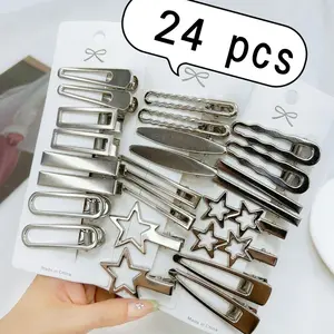 24Pcs Y2K Silver Metal Hairpins Star Seamless Duckbill Clip Women Girls Fashion Alloy Hair Accessories 4.5-7cm