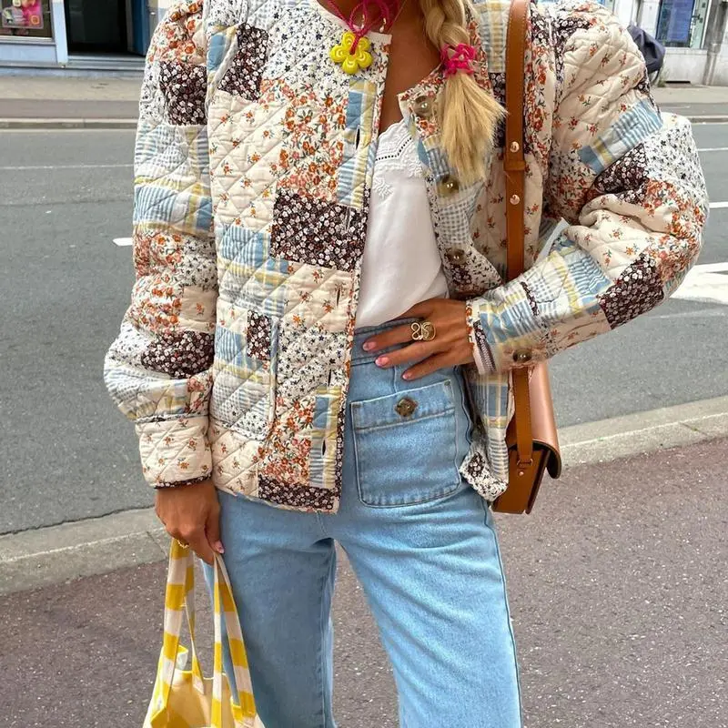 Women's Quilted Jacket, Casual Floral Print Cardigan with Long Sleeves and Pockets for Outdoor Party Wear, Polyester, Tops, School, Work, Coats, Button, Outerwear, Lady, Fashion