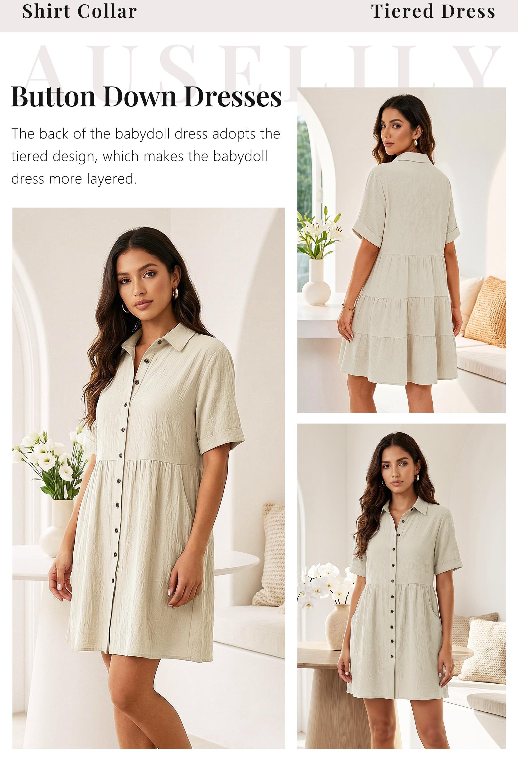 AUSELILY Babydoll Dress for Women Short Sleeve Button Down Textured Non-clingy Loose Fit Flowy Mini Dress with Pockets 2026 New Summer Dress AUSELILY Babydoll Dress for Women Short Sleeve Button Down Textured Non-clingy Loose Fit Flowy Mini Dress with Pockets 2026 New Summer Dress