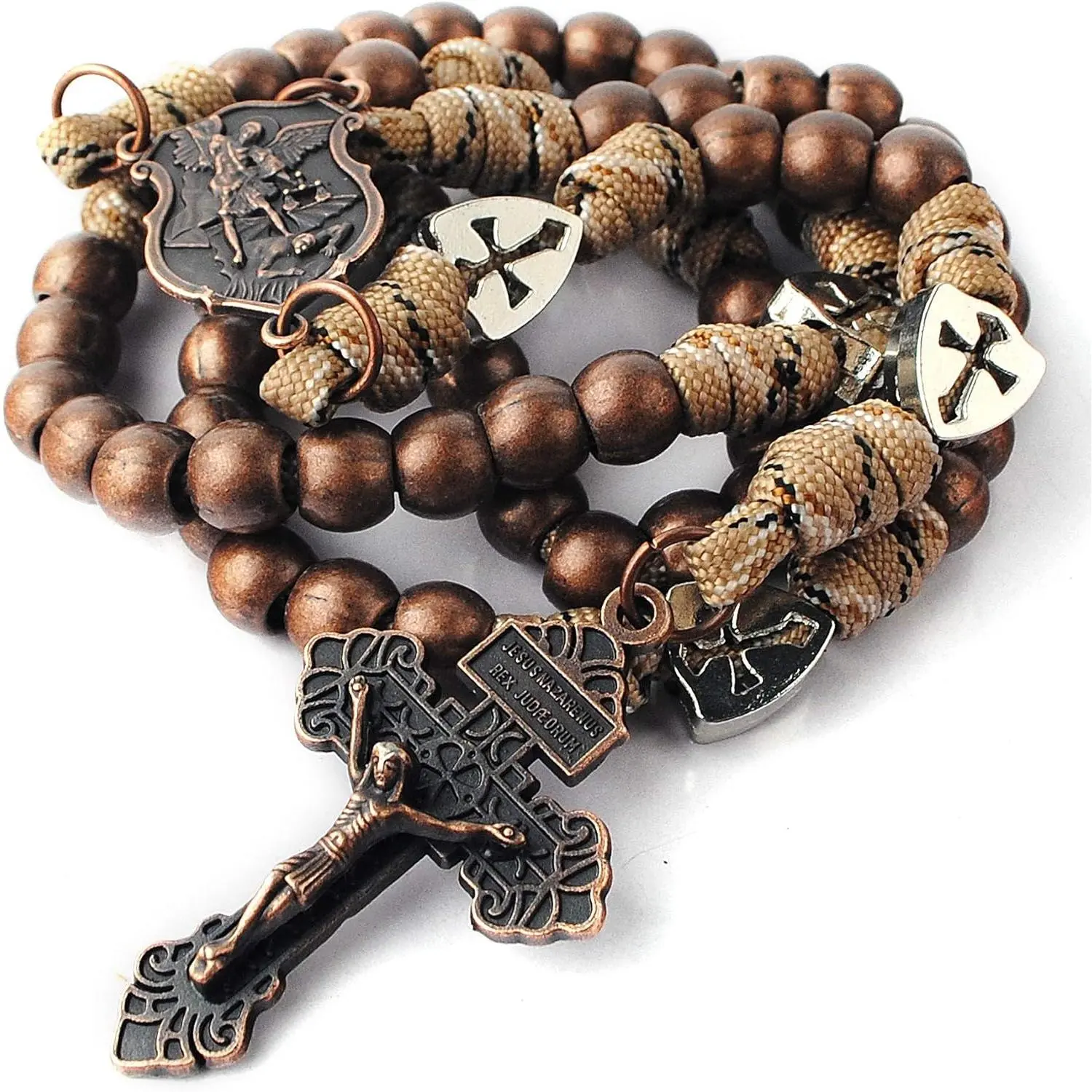 Men's Rugged Chunky Paracord Rope Rosary Necklace, 136g Rosary Weight Strong Paracord, Gun Black Metal Beads, Shield-Shaped Saint Michael Centerpiece, Crucifix Cross Pendant for Daily Wear