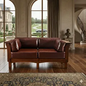 Crafters and Weavers Arts and Crafts Leather Loveseat in Chestnut