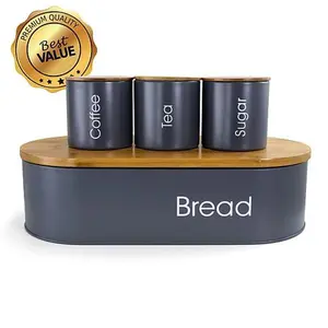 MegaChef Bamboo Countertop 4-Pc Metal Bread Basket & Canister Set Gray
