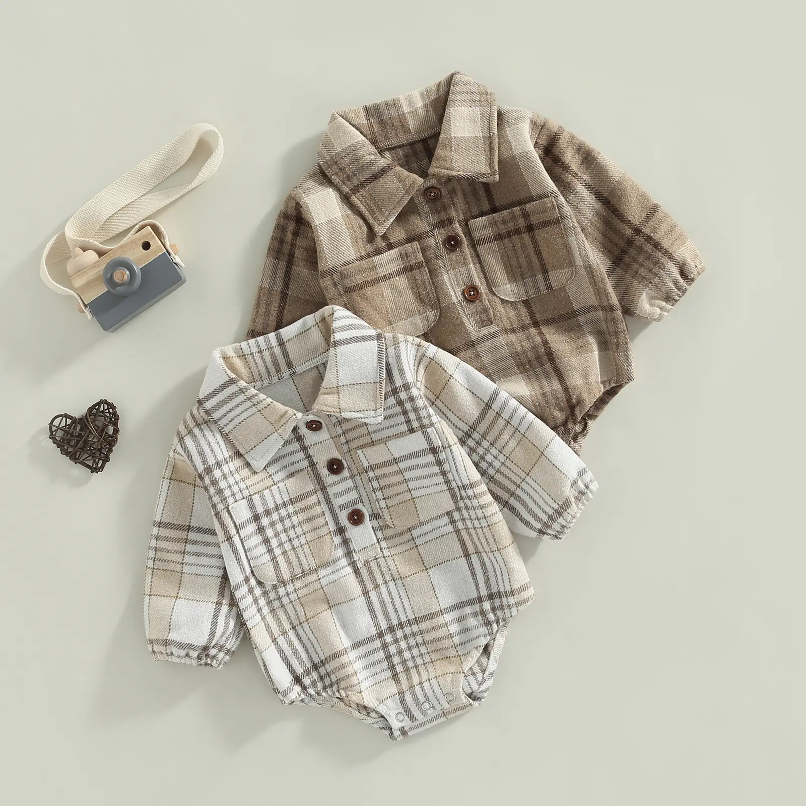 Infant Baby Boy Long Sleeve Romper Shirt Buttons Lapel Plaid Printed Bodysuit Spring Fall Winter Clothes Tops with Pockets