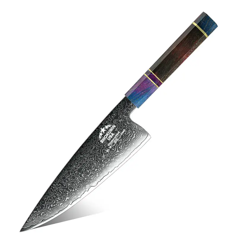 Solstice Japanese Damascus Chef Knife with Exotic Maple Burl Wood Handle