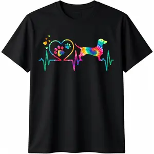 100% Cotton Unisex Dachshund Doxie Weenie Mom Dad Heartbeat Tie Dye Dog T-Shirt