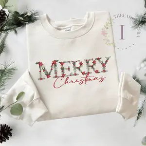 Floral Merry Christmas Embroidered Sweatshirt or Hoodie – Cozy Holiday Crewneck with Feminine Script & Winter Greenery – Handmade Christmas Gift, Embroidery Oversized Top, Unisex Womenswear vintage casual