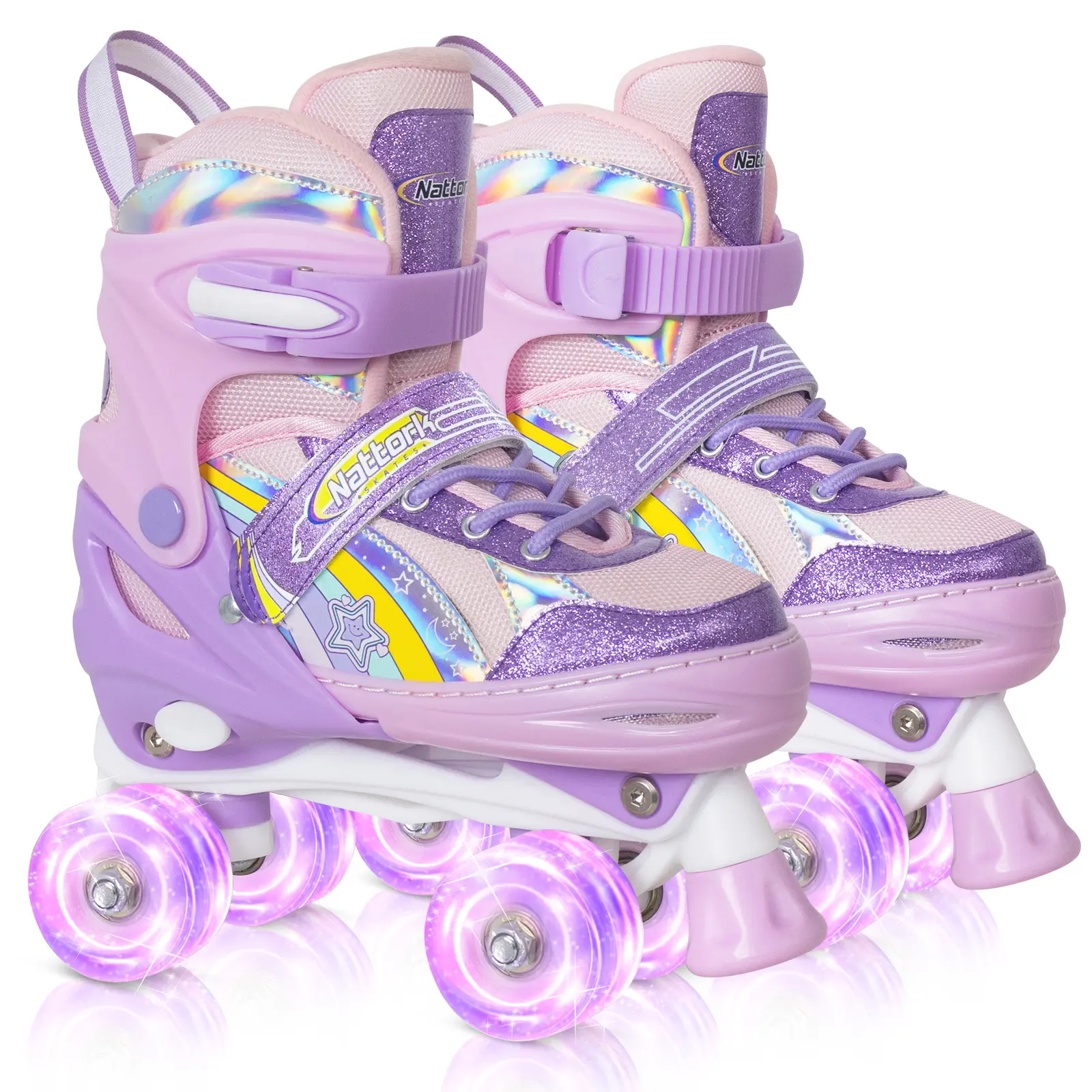 Nattork Kids' Inline Skates, High Top Rainbow Star Design, 4-Size Adjustable with 8 Light-Up PU Wheels, ABEC-7 Bearings, and Snug Buckle for Child Beginners, Skate Size, Halloween, Inline Skating, Birthdays